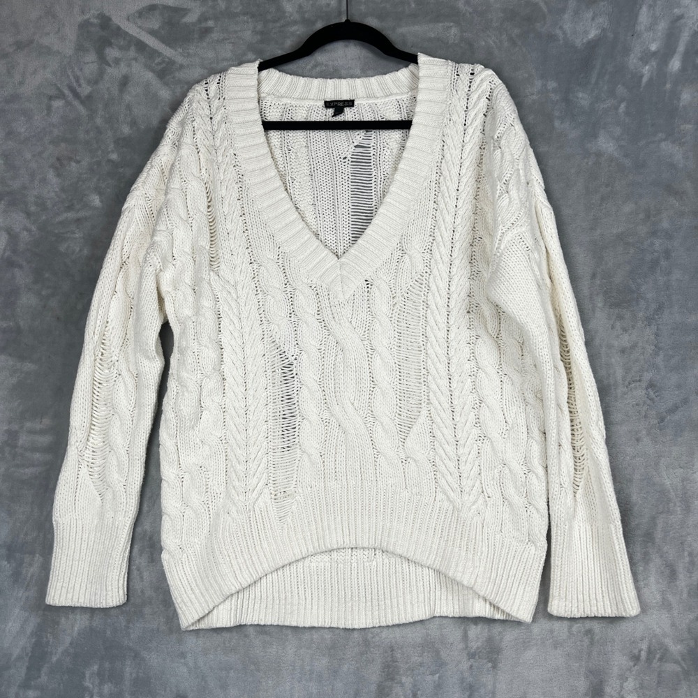 EXPRESS Womens Sweater Cream Cable Knit V Neck Oversized Distressed Medium - Picture 11 of 12